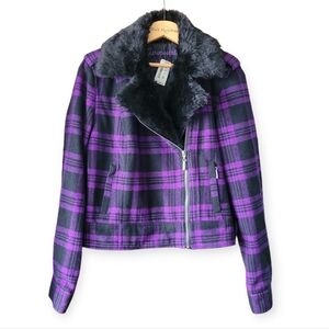Vintage 00s Aeropostale Wool Blend Moto Jacket Plaid Faux fur trim  medium